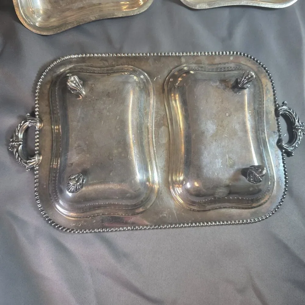 Vintage Silver-Tone Metal Double Covered Serving Dish Ornate Handles
